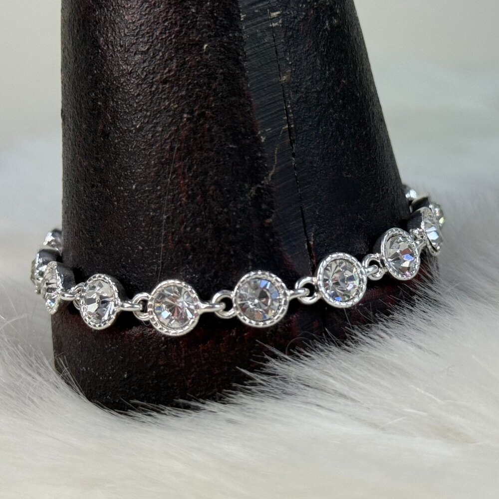 SAQ Vintage Signed Silver Tone and Crystal Link Bracelet